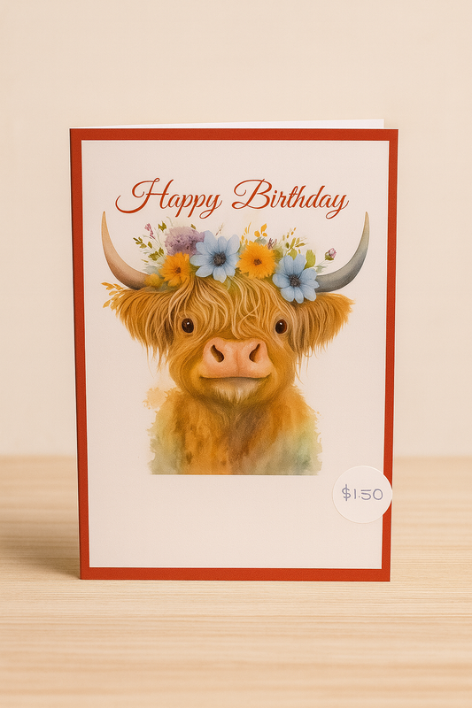 FLOWER CROWN - Highland cow birthday card